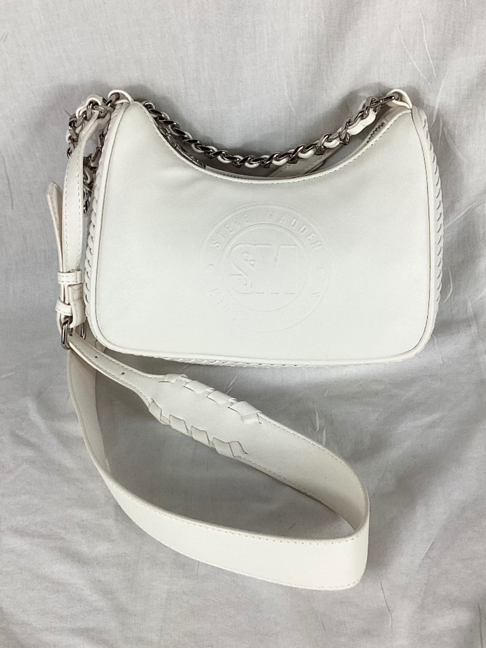 Steve Madden Crossbody Handbag Purse Zip Close Ivory Cream Silver Hardware  New